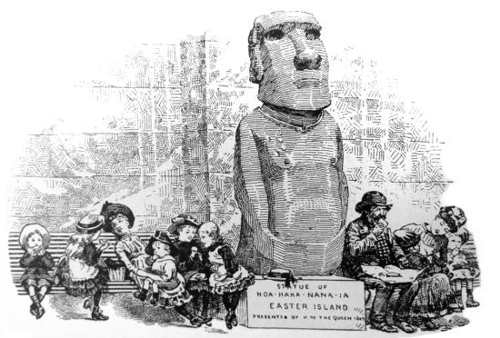 Niños victorianos visitando el moai Hoa Hakananai’a en el Museo Británico durante el siglo XIX.