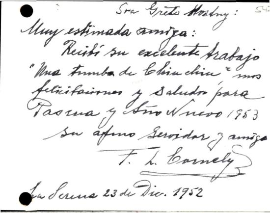 Tarjeta navideña (reverso) de Francisco Cornely a Grete Mostny. (Archivo Histórico Administrativo MNHN).