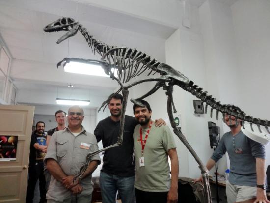 El paleontólogo Fernando Novas, descriptor de esta especie, junto a Marcelo Isasi y a los voluntarios del Área Paleontología del MNHN con el montaje del esqueleto del celurosaurio Bicentenaria argentina.