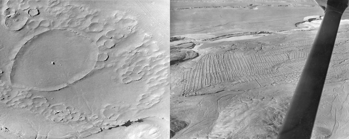 Figura 1: Vista aérea de la aldea de Guatacondo y sus campos de cultivo prehispánicos tomada por De Bruyne en 1963.